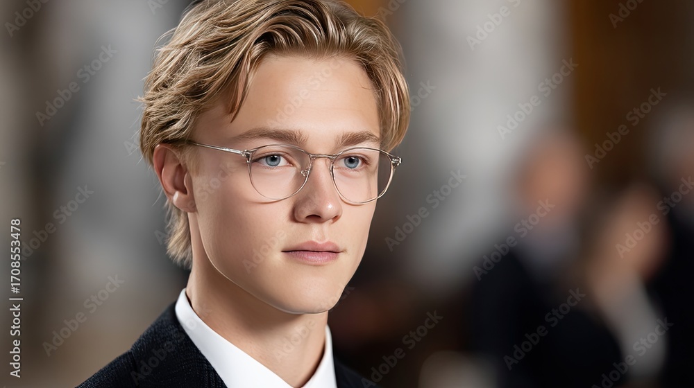 custom made wallpaper toronto digitalA young man stands with a charming smile at a stylish event, dressed in a tailored suit and glasses, enjoying the lively atmosphere