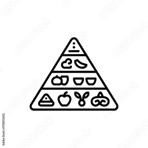 Food pyramid illustration depicting healthy eating and balanced diet with essential nutrients in monochrome