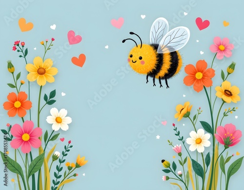 Wallpaper Mural Cute bumblebee with flowers and hearts, positioned at the top, with clear empty space at the bottom for copy. Torontodigital.ca