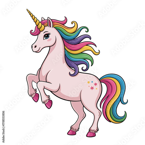 Majestic Pink Unicorn with Rainbow Tail Cartoon Illustration
