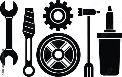 Vector illustration of mechanic tools gear oil can wrench and spark plug for automotive industry
