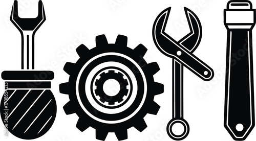 Vector illustration of mechanical tools gear oil can and wrenches for automotive and industrial applications