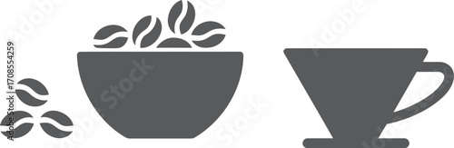 Simple silhouette icons of coffee beans and pour over coffee maker