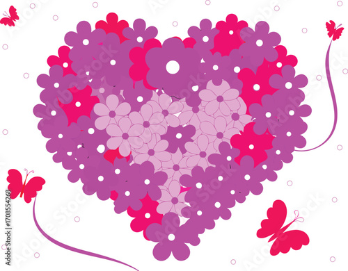 Pink floral heart with delicate butterflies and swirling lines