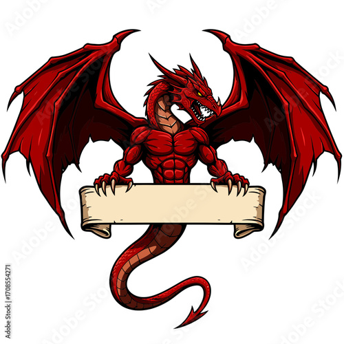 Red Dragon with Wings Holding Blank Sign Board Illustration