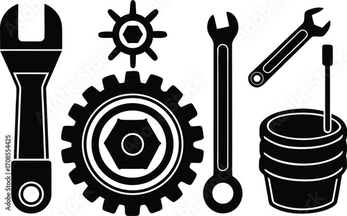 Set of mechanic tools gears oil can wrench and span vector illustration for repair services