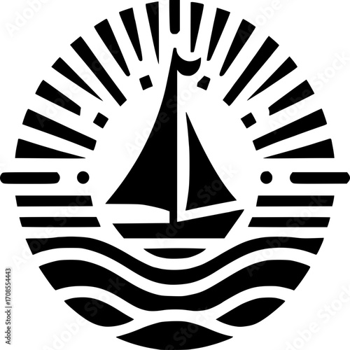 Sailing Boat Emblem: A classic emblem showcasing a sailboat gracefully navigating the ocean waves, under a radiant sun, all captured within a circular frame.