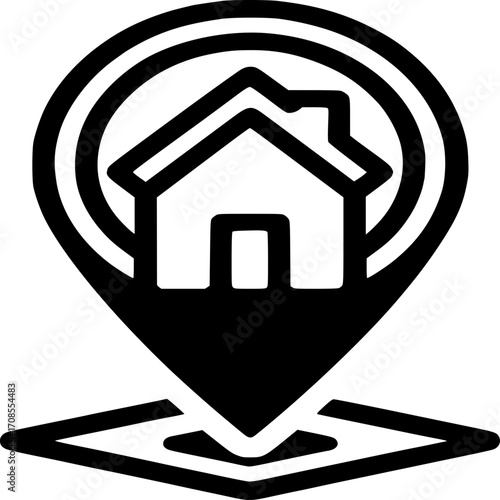 Real Estate Location Icon: Illustrating the concept of home location with a stylized icon featuring a house and a location pin, perfect for real estate and property-related design.