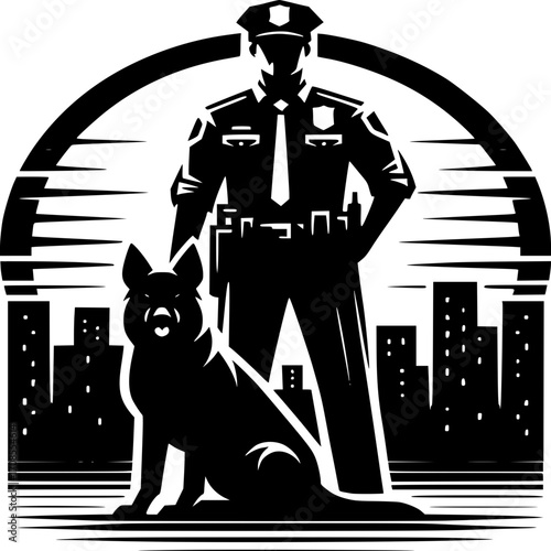 Guardians of Justice: A stoic police officer and their loyal canine partner stand tall, silhouetted against a backdrop of a city skyline, symbolizing protection and service.