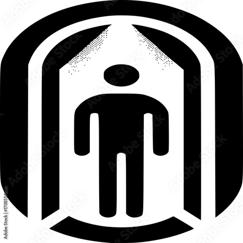Exit Icon Illustration: A simple yet effective illustration, the image of a human silhouette, symbolizing the universal concept of departure, within an open doorway.