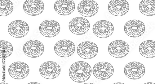Repeating pattern of delicious outlined donuts on a white background, perfect for fun designs.