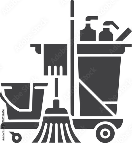 Cleaning cart with mop broom bucket and cleaning supplies icon