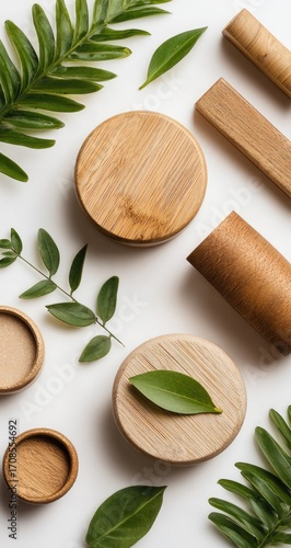 Wallpaper Mural Wooden cosmetic containers and leaves on white background.  Natural and eco-friendly Torontodigital.ca