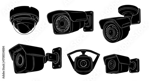 Collection of diverse security cameras for surveillance and monitoring.