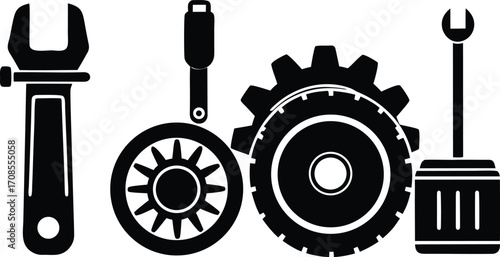 Mechanic tools gear oil can wrench span vector illustration for engineering and repair