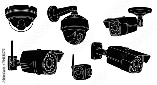 Collection of diverse security surveillance cameras in silhouette, representing modern safety and vigilance.