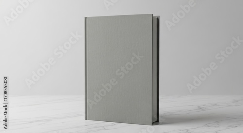 A gray book, standing upright on a white marble surface, against a plain white background