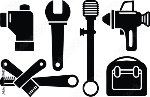 Plumber tools vector icons set pipe wrench faucet plunger scalable illustration eps