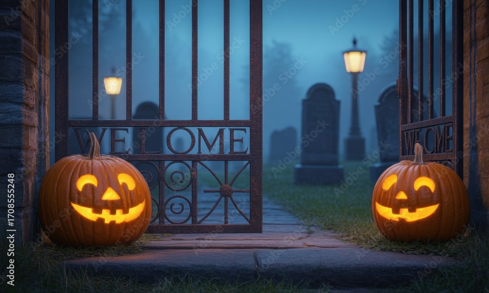 Fototapeta premium Spooky cemetery gate, lit jack-o'-lanterns