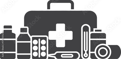 First aid kit and medical supplies icon set