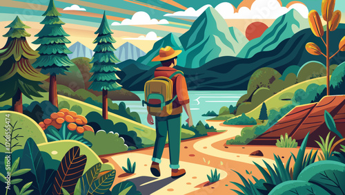 Hand drawn modern illustration view from far behind of a stylized genderneutral person with a medium sized backpack hiking on a path through untouched nordic nature on the journey of life in warm and 