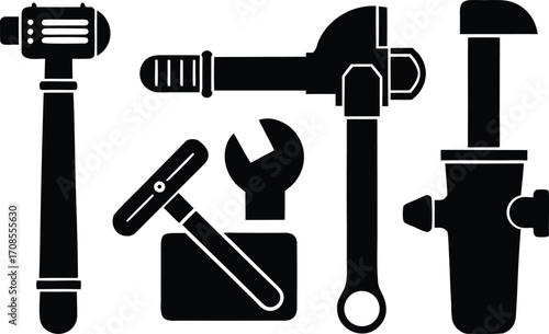 Set of vector icons plumbing tools pipe wrench faucet plunger scalable eps illustration