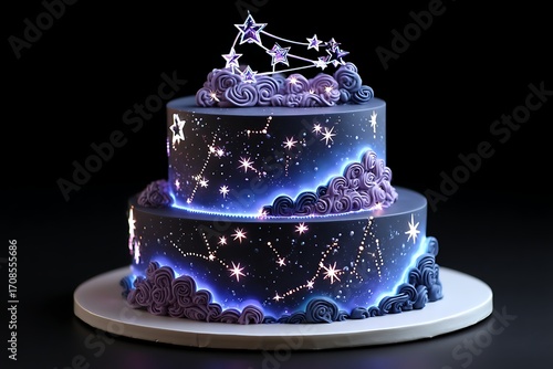 A two-tier cosmic birthday cake with glowing star details and a rotating constellation topper, perfect for a space-themed event