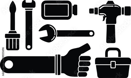 Vector set of plumber tools icons including wrench faucet plunger and toolbox scalable eps illustration