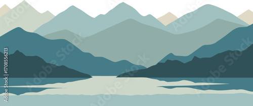 Serene mountain landscape with calm lake reflection in cool blue and green tones