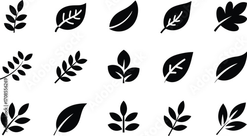 Collection of simple black leaf icons on a white background