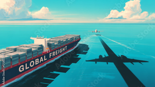 Global freight shipping and logistics solutions with cargo ship and airplane for international trade services