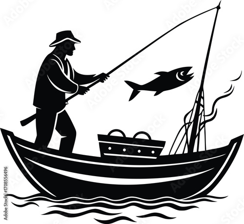 Fishing Boat Silhouette with Fishermen Vector Illustration