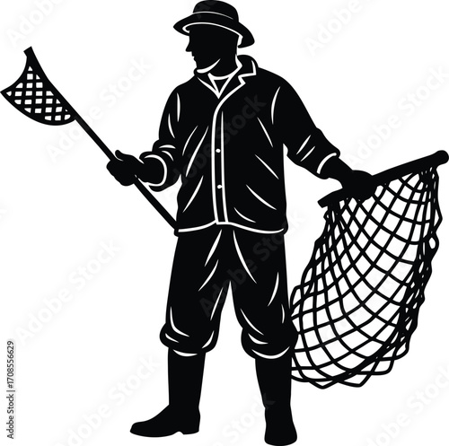 Man Fishing Silhouette with Rod and Big Catch Vector Illustration
