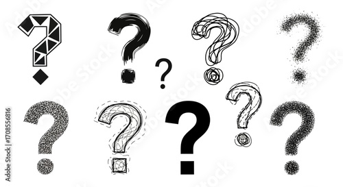Diverse collection of question marks in various artistic styles, symbolizing curiosity and inquiry