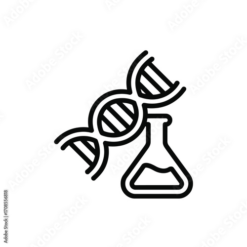 Black Line Art Illustration of DNA Strand and Laboratory Flask Symbolizing Science and Research