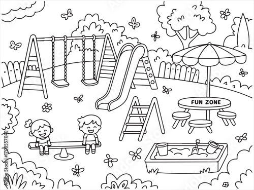 Outdoor park scene with play equipment coloring page for children’s activities