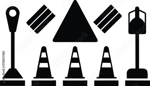 Set of scalable vector road repair icons traffic cones barriers and signs for eps files