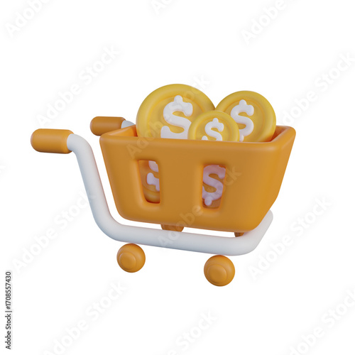 Shopping cart with gold coins, symbolizing finance, e-commerce, online shopping, and financial growth, showing a concept of purchase and investment