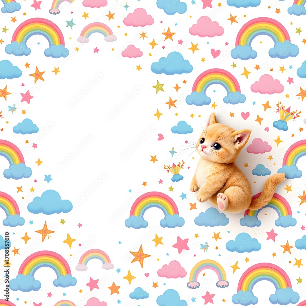 Naklejka premium Whimsical pattern of pastel clouds, stars, and rainbows on white background, Cute subject on right with rim light, ample copy space on left for photo.