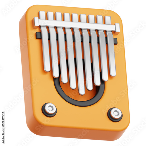 Captivating 3D rendered vibrant orange kalimba, a unique musical instrument, commonly known as a thumb piano, for soothing melodies and rhythmic soundscapes