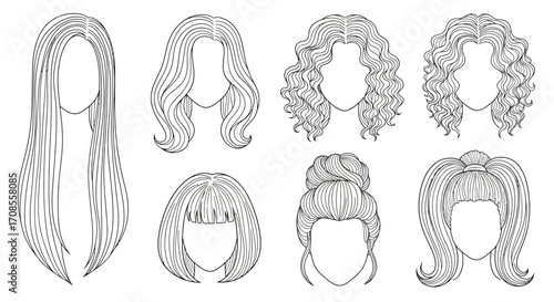 Collection of diverse female hairstyles depicted in simple line art