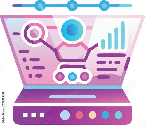 Retro robot icon vector illustration of a cartoon robot with a shopping cart on a laptop screen
