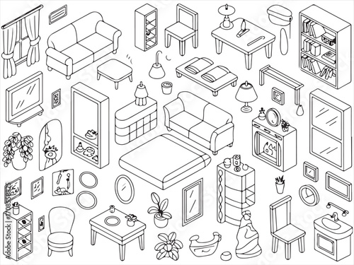 Home furniture line art icons set with sofa, bed, desk, chairs, and decor items