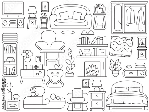 Home furniture and interior line art icons set with sofa, bed, chairs, desk, fireplace, shelves, curtains, plants, and decorations in black and white outline style for house design, decor, and living 