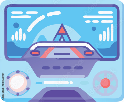 Vector icon of a car on a road in an isometric view, illustrating traffic and travel