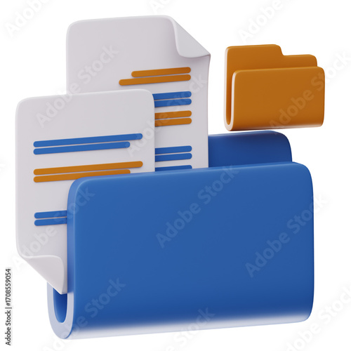 A 3D render of a blue folder icon with documents, symbolizing digital file management, data storage, and office organization on a clean isolated background