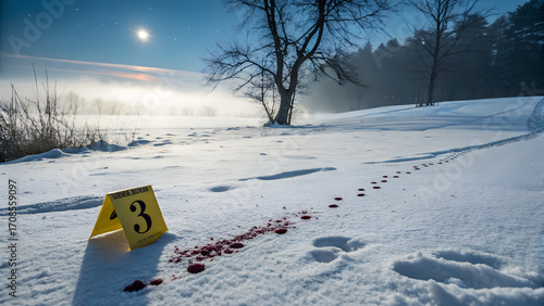 Bloody footprints in the snow leading away from a yellow evidence marker under moonlight, creating a cold winter crime scene atmosphere with hints of violence and urgency