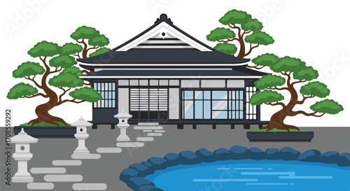 Minimalist solid-color vector design of a traditional Chinese courtyard house with curved tiled roofs, lanterns hanging, and nature elements like bamboo.