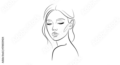 Elegant line art portrait of a woman with closed eyes, conveying serenity and grace.