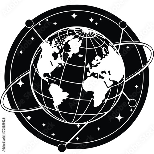 An illustration of a globe with a world map showing the continents of Europe, Asia, and America to represent global business and technology
